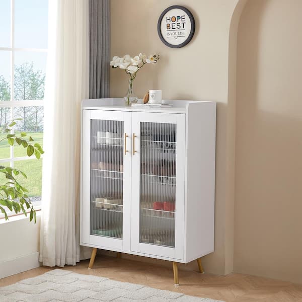VECELO Shoe Storage Cabinet with Glass Doors and 4-Tier Shelves Freestanding White Rack Organizer with Metal Legs