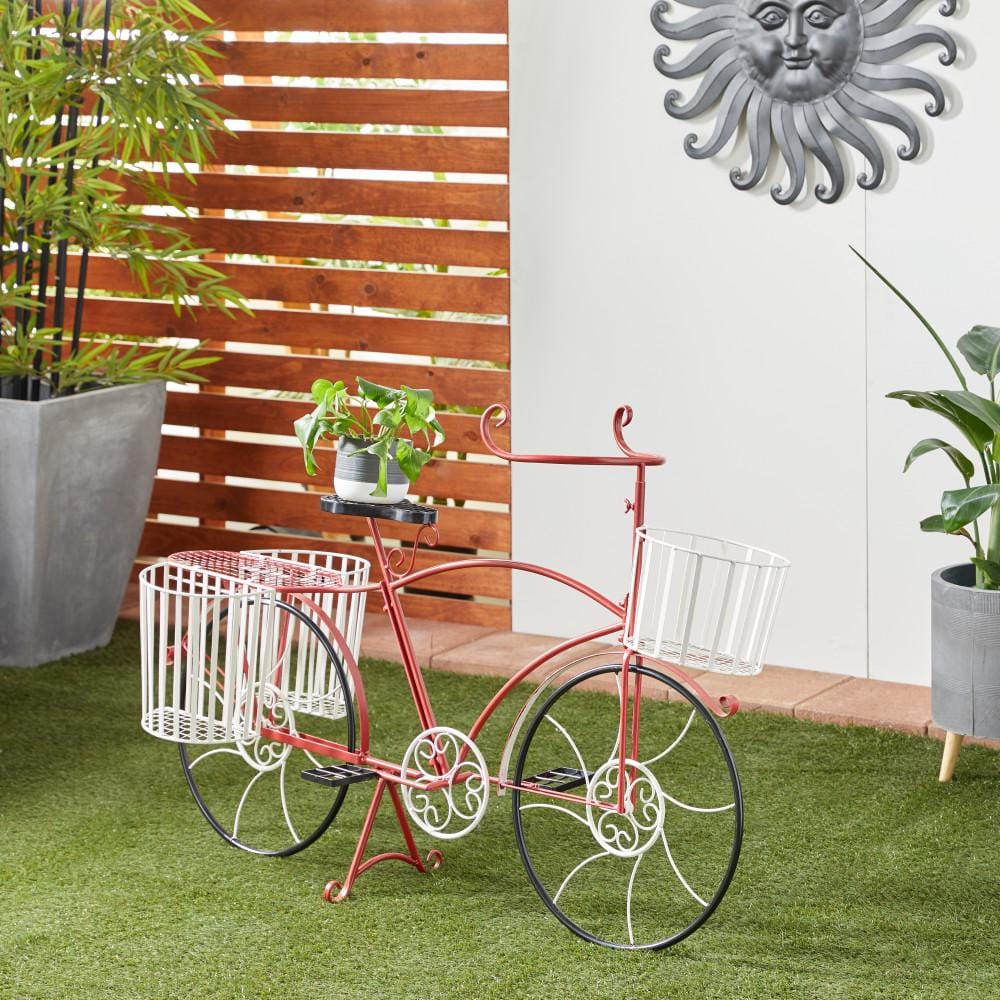 DecMode 52  x 18  x 33  Red Metal Indoor Outdoor Bike Plantstand with Basket and Saddle Bag Planters