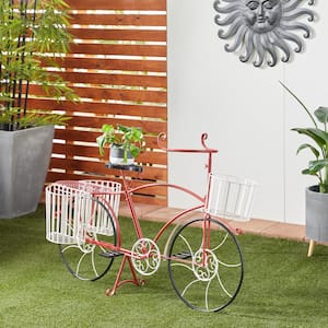 33 in. Red Metal Bike Indoor Outdoor Plantstand with Basket and Saddle Bag Planters