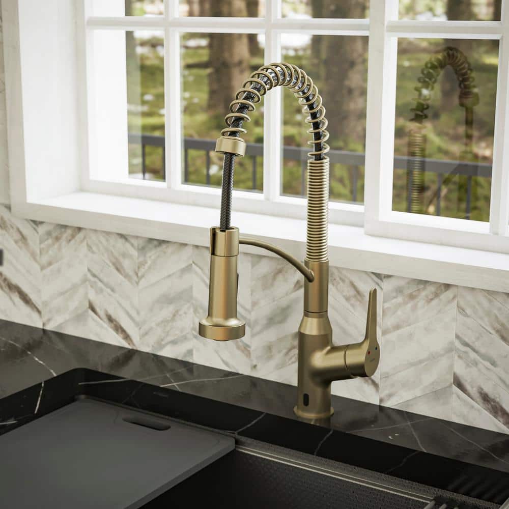 Brushed Gold Brass Touchless Pull-Down Kitchen Faucet with Spray