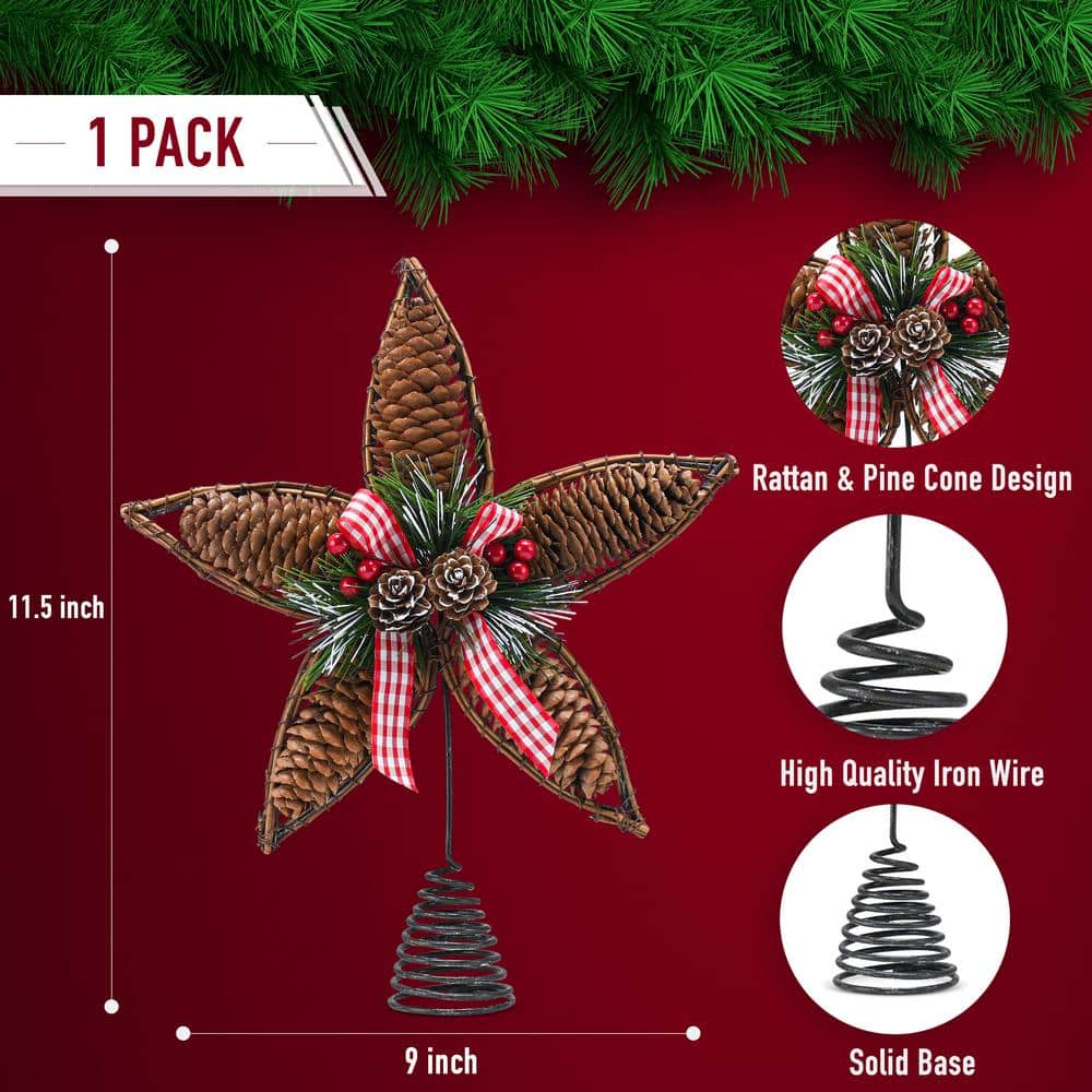 Rustic Rattan Pinecone Star Tree Topper with Holly and Berries