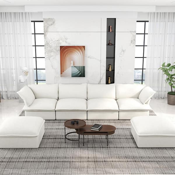 Magic Home 163 in. Flared Arm 6-Piece Linen Overstuffed Cloud Couch Pine Wood U-Shaped Sectional Sofa in White with Storage Ottoman