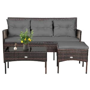 3-Piece Wicker Outdoor Patio Conversation Set Furniture Sectional Set with CushionGuard Gray Back Cushions