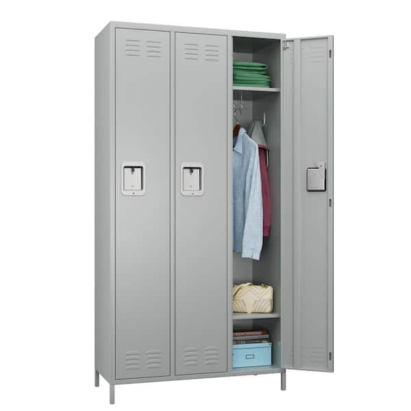 Metal Freestanding Cabinet 72 in. H x 35.43 in. W x 15.75 in. D Steel Locker with 3-Lockable Doors in Light Gray