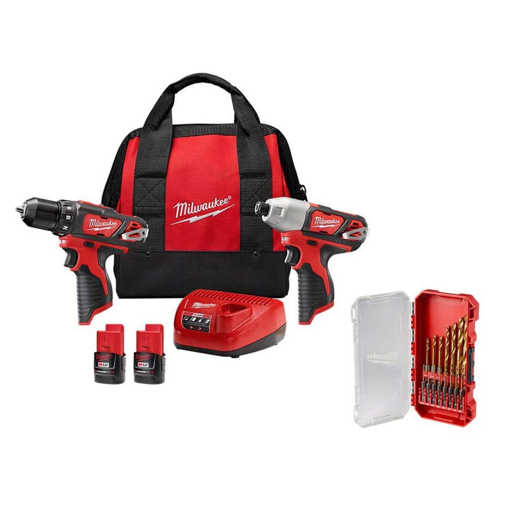 Milwaukee M12 12V Li-Ion Cordless Drill Driver/Impact Driver Combo Kit w Two 1.5Ah Batteries, Charger and Bag (2-Tool) & Bit Set