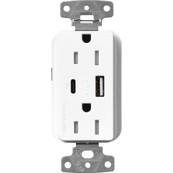 Claro 15 Amp Tamper Resistant USB Type A/C Duplex Receptacle, Decorator Style Outlet Satin Finish, SCR-15-ACTR-BW, White