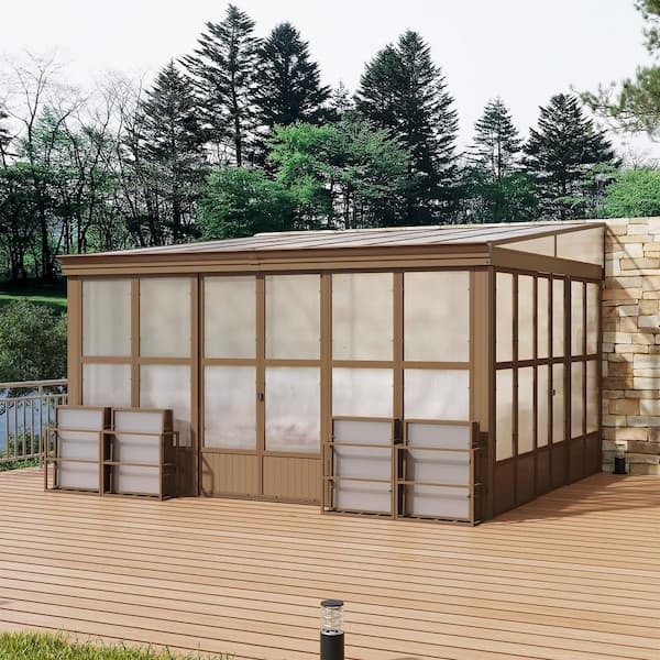 12 ft. x 14 ft. Brown Lean-to Wall Mounted Aluminum Frame Sunroom with Polycarbonate Roof and Sliding Doors