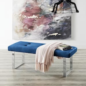 Alonso Navy/Chrome Velvet Bench Square Tufted Metal Leg