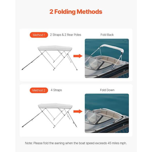 6ft Premium Grey 3-Bow Bimini Top For Boats, 73-78" Width, With Rear Support Poles (1 Year Warranty)