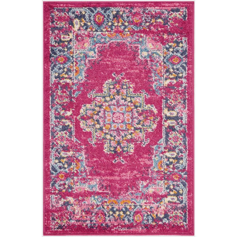 Small Fuchsia and Blue Floral Synthetic Traditional Rug
