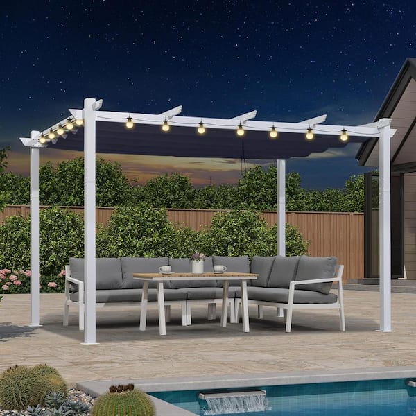 10 ft. x 12 ft. White Aluminum Frame Morden Pergola with Navy Blue Retractable Sun Shade Canopy and String Lights