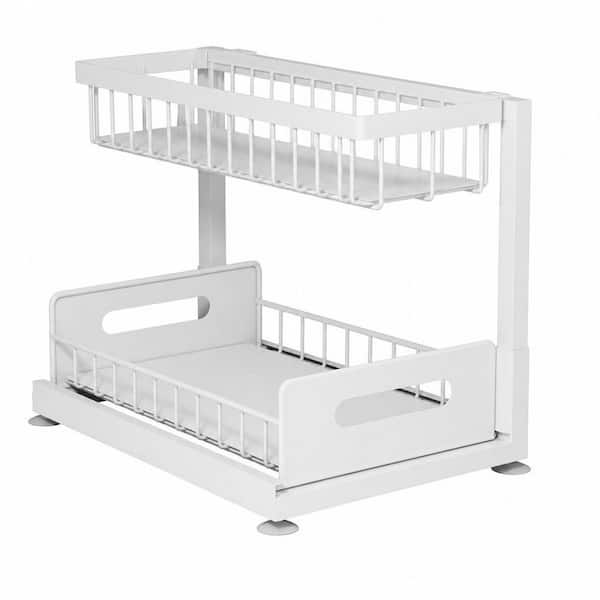 14.2 in. W x 10.6 in. H x 11.1 in. D Metal 2-Tier L-Shaped Slide Out Shelf in White, for Bathroom Under Sink, Kitchen