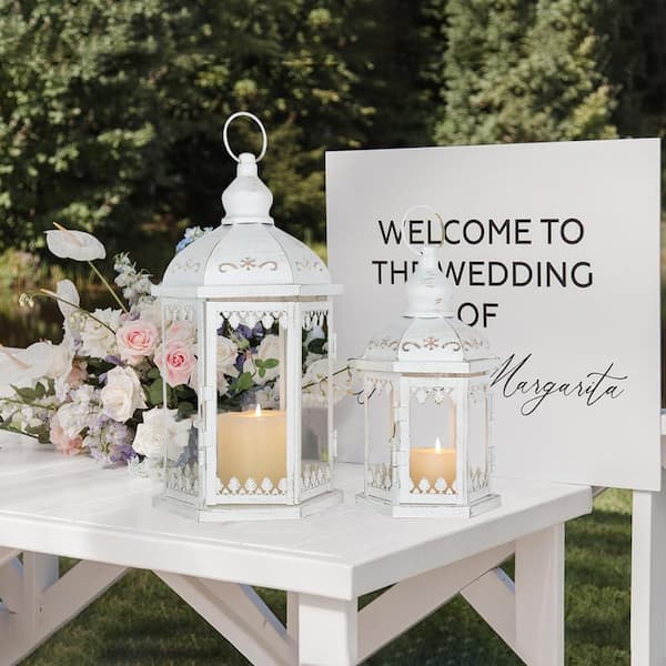 MOEPISY 14.8 in. and 11.2 in. H White Metal and Glass Lanterns