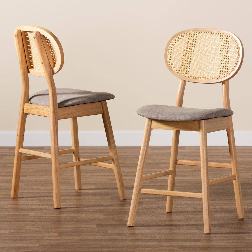 Mid-Century Grey Fabric and Natural Oak Counter Stools, Set of 2