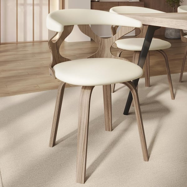 Leisuremod Dining Chairs Round Leather Seat with Solid Wood Legs Accent Arm Chair Curve Open Back in Washed Walnut/White