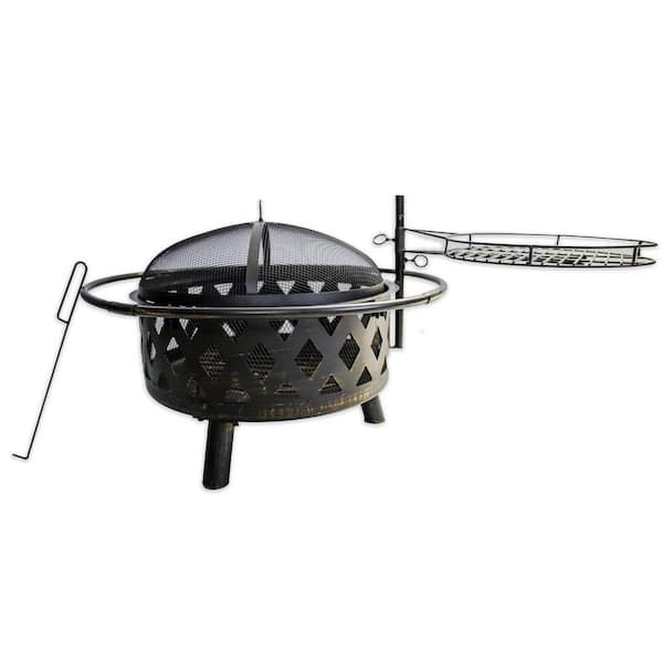 BLUEGRASS LIVING 30 in. Roadhouse Steel Deep Bowl Fire Pit with Swivel Height Adjustable Cooking Grid