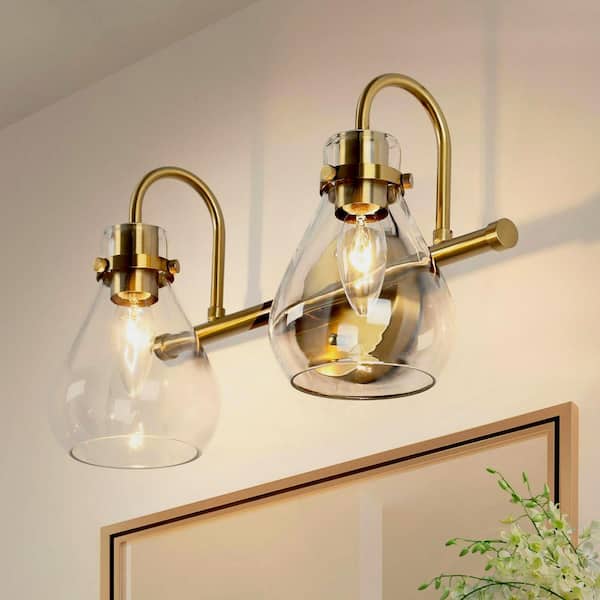 Uolfin Transitional Teardrop Bathroom Vanity Light 2-Light Plating Brass Bell Powder Room Wall Light with Clear Glass Shades