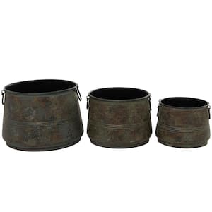 11 in. 9 in. and 8 in. Medium Brass Metal Indoor Outdoor Distressed Bucket Style Planter with Side Ring Handles (3-Pack)