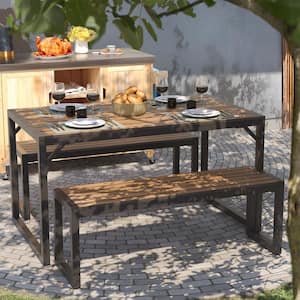 55 in. W Natural Rectangle Plastic Wood Picnic Table Dining Table Set with 2 Bench Seats and Umbrella Hole Patented