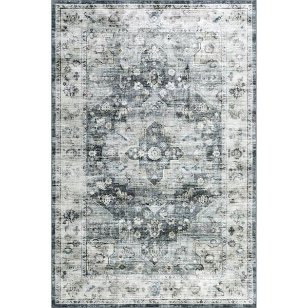 Kairi Medallion Spill Proof Washable Slate Blue 9 ft. x 12 ft. Indoor Area Rug