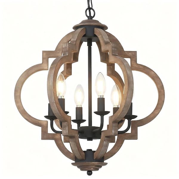 Farmhouse 6 light Matte Black Distressed Wood Quatrefoil Open Lantern Square Chandelier No Bulbs Included