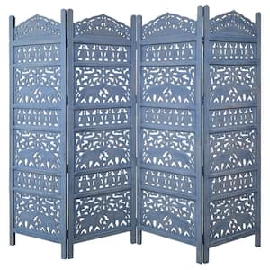 72.0 in. H Antique Blue Mango Wood Jumbo 4 Panel Folding Room Divider Screen with Elephant Motif Carved Design