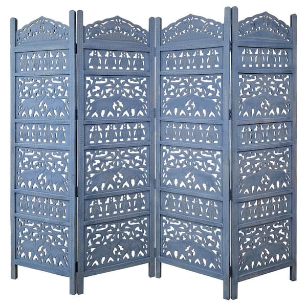 THE URBAN PORT 72.0 in. H Antique Blue Mango Wood Jumbo 4 Panel Folding Room Divider Screen with Elephant Motif Carved Design