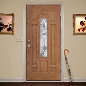 37.5 in. x 81.625 in. Medina Zinc Center Arch Lite Stained Light Oak Left-Hand Inswing Fiberglass Prehung Front Door