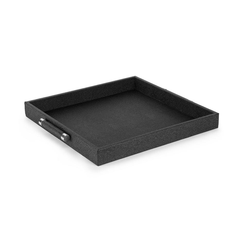 Black Shagreen Square Decorative Serving Tray with Silver Handles