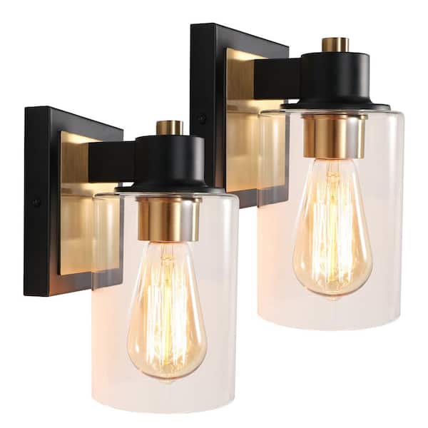 pasentel 5.12 in. 1-Light Matte Black Vanity Light with Modern Gold Metal Accent - 2-Pack