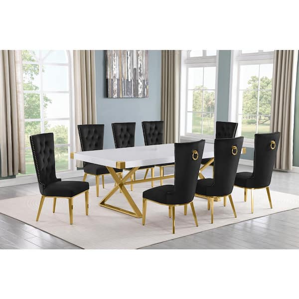 Best Quality Furniture Miguel 9-Piece Rectangle White Wood Top Gold Stainless Steel Dining Set with 8 Black Velvet Chairs