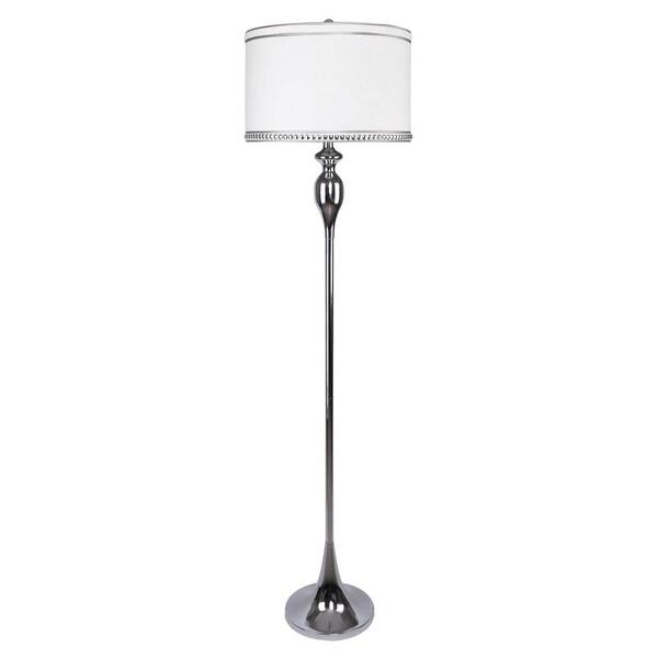 GRANDVIEW GALLERY 63 in. Polished Chrome Floor Lamp with Natural Linen Drum Shade with Studded Metal Trim