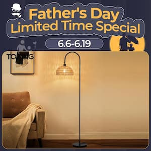 62 in. Matte Black Retro 1-light Hemp Rope Arc Floor Lamp with 360° Rotation Rope Drum Shade Foot Switch for Living Room