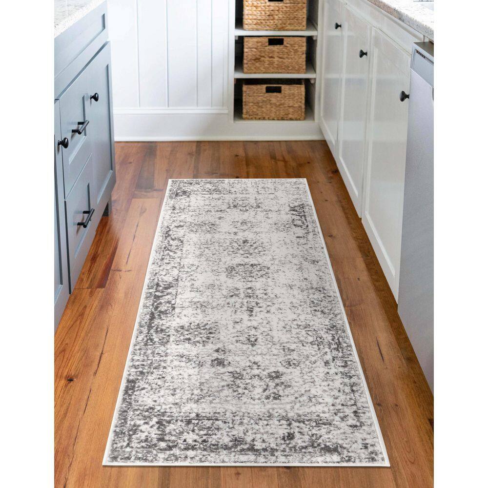 Elegant Gray Synthetic Indoor Runner Rug, Easy Care & Stain-Resistant