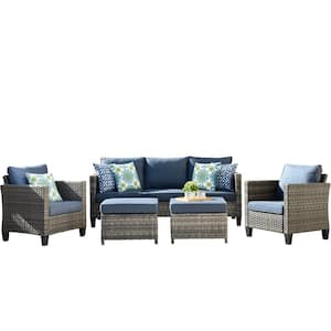 Positano Gray 5-Piece Wicker Outdoor Patio Conversation Seating Set with Blue Cushions