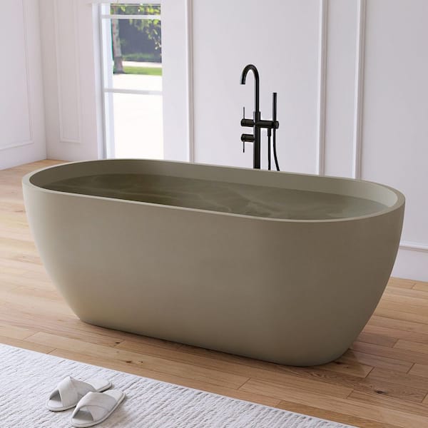 63 in. x 31 in. Terrazzo Stone Solid Surface Flatbottom Freestanding Soaking Bathtub in Rock Gray (Outdoor-Compatible)