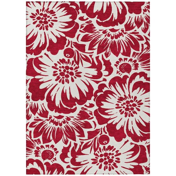 Burgundy and White 3 ft. x 5 ft. Woven Floral Rectangle Indoor/Outdoor Area Rug