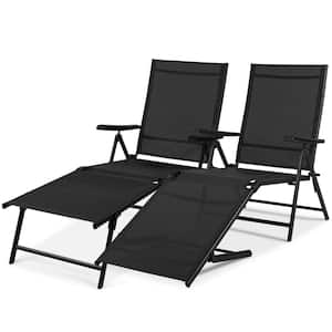 2-Piece Steel Outdoor Chaise Lounge Chair Adjustable Folding Pool Lounger - Black