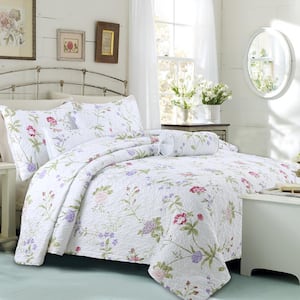 Wild Flower Spring Floral Assortment Chintz 3-Piece Pink Purple White Green Poly Cotton King Quilt Bedding Set