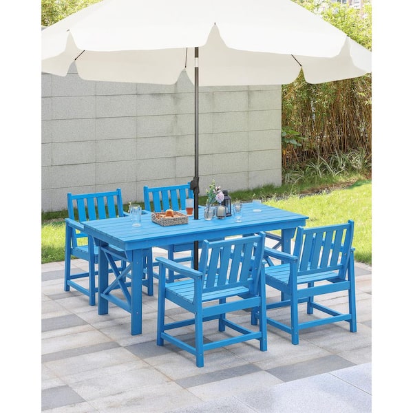 Sky Blue 6-Piece Plastic Outdoor Dining Set, Patio Dining Table