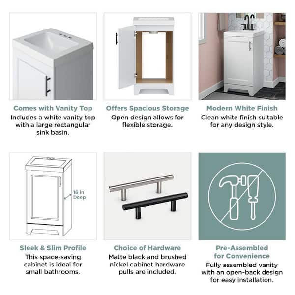 Brindle 18.5 in. W x 16.25 in. D x 33.8 in. H Single Sink Bath Vanity in White with White Cultured Marble Top