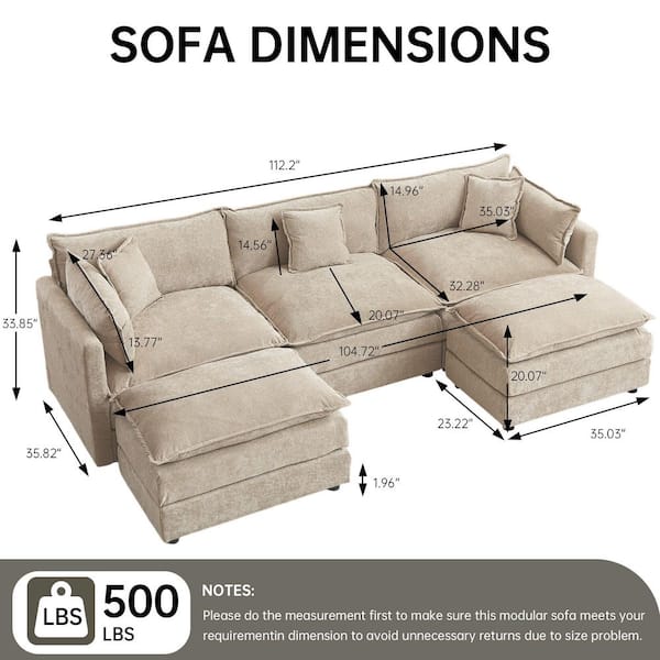 GOJANE 112.2 in. Square Arm U-Shaped Chenille Deluxe Pillow-Styled Modular Sectional Sofa in. Coffee with 2 Ottoman 2187Coffee-3+2