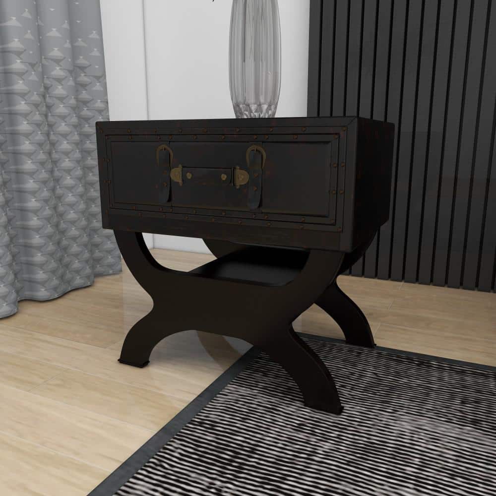 Vintage Brown Faux Leather Single Drawer Accent Table