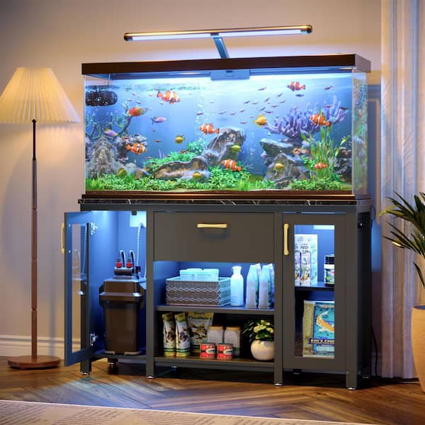 Bestier Black 30 in. 55 gal. Aquarium Stand with Dual Glass Cabinet, Fish Tank Stand with Power Outlet and RGB LED Lights