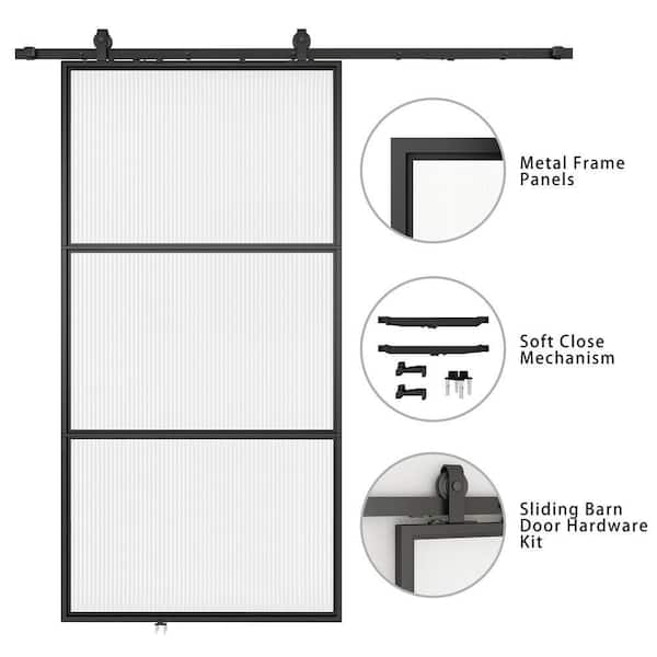 42 in. x 84 in. 3-Lite Tempered Reed Glass Black Metal Frame Interior Sliding Barn Door with Hardware Kit