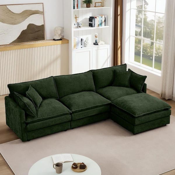 Shawn Modern 102 in. Upholstered Chenille L-Shaped Modular Sectional Sofa in Green with Ottoman, Pillows, DIY