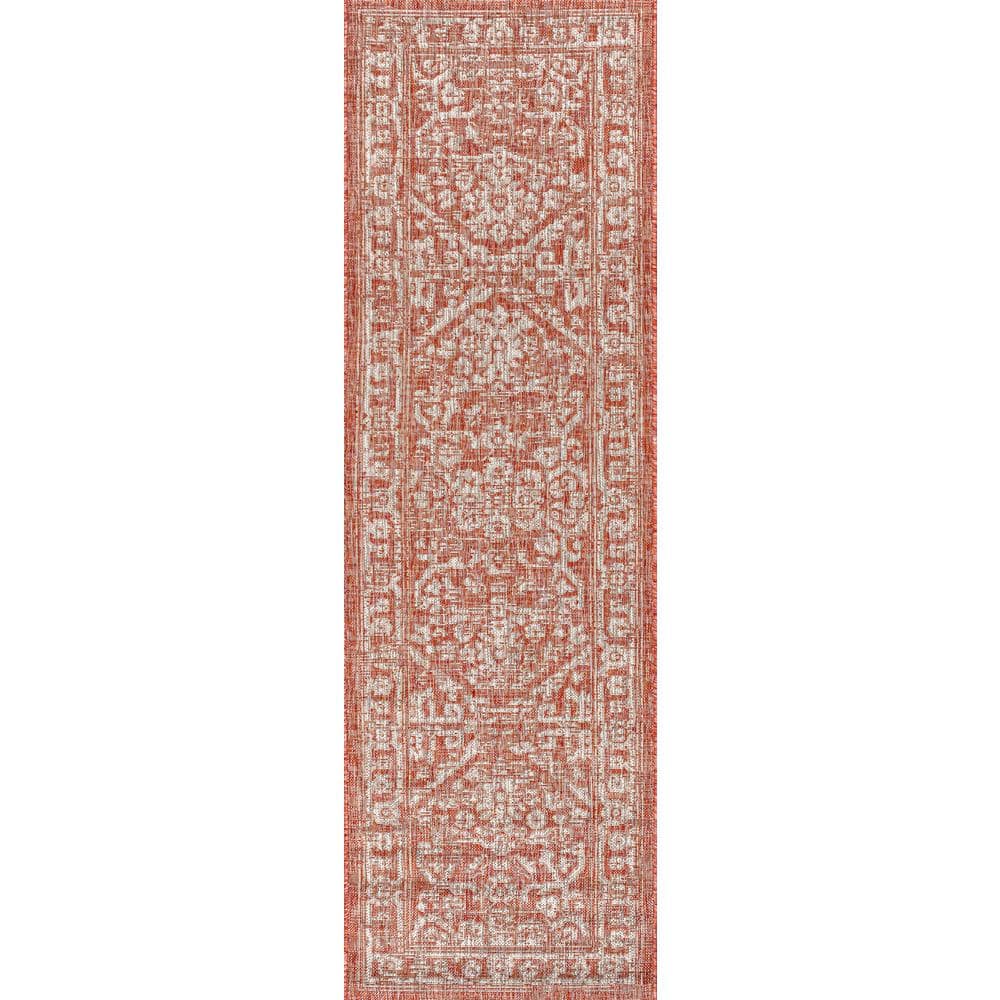 Red and Taupe Medallion Flatweave Indoor/Outdoor Runner Rug