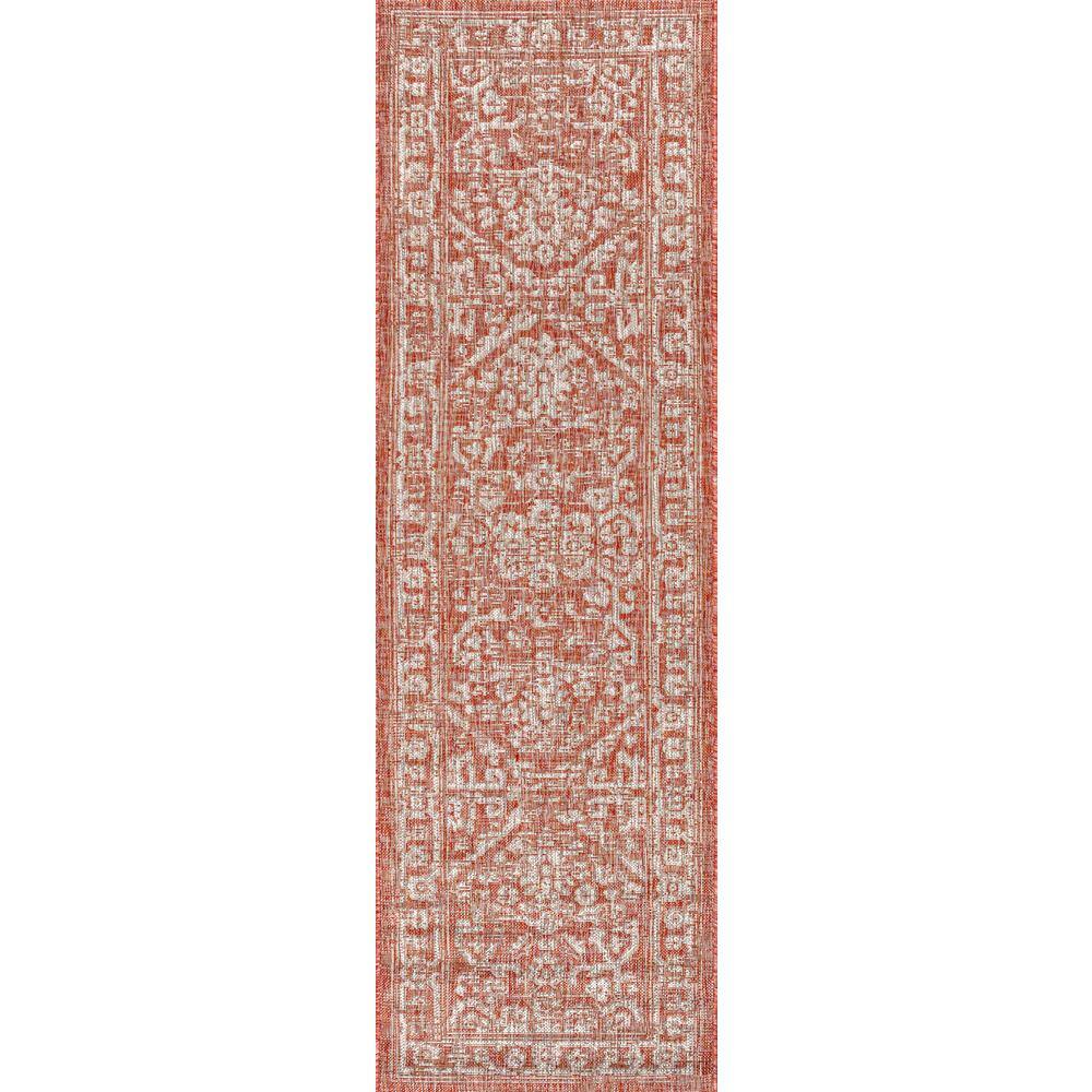 Red and Taupe Synthetic Medallion Flatweave Runner Rug