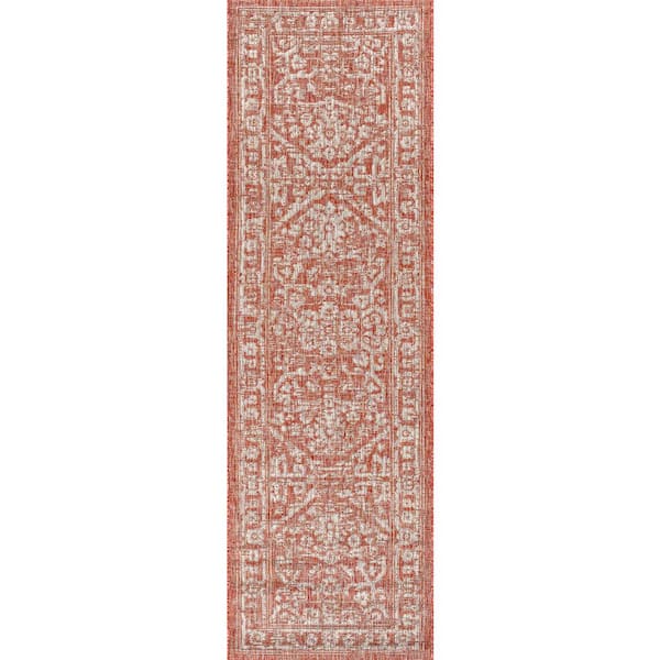 Red/Taupe 2 ft. x 8 ft. Malta Bohemian Medallion Textured Weave Indoor/Outdoor Runner Rug