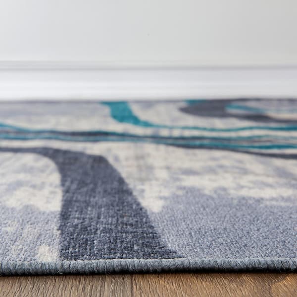 Contemporary Distressed Blue 5 ft. x 7 ft. Abstract Lines Non Slip Area Rug
